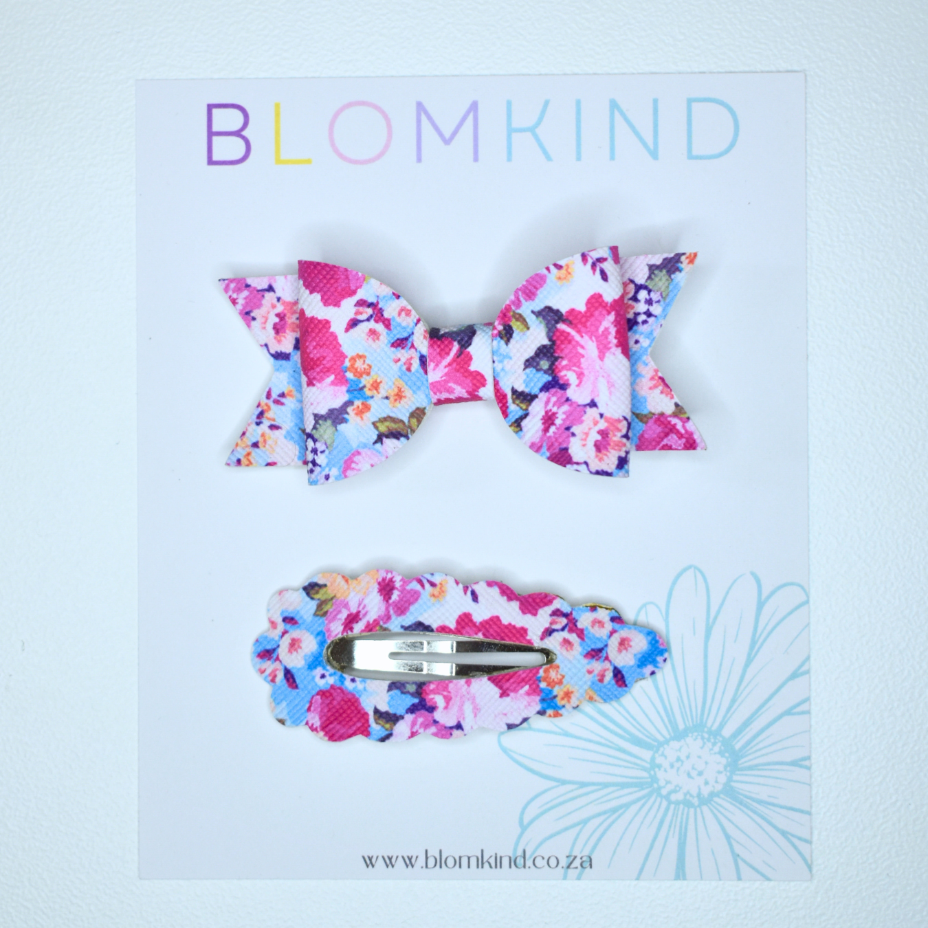 Flower Clip & Bow set - Blue & Pink Rose Flower