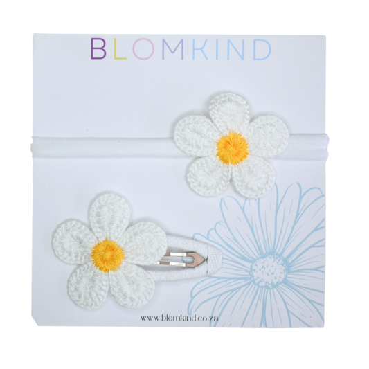 Mini & Me Daisy Pure White Headband & Clip Set