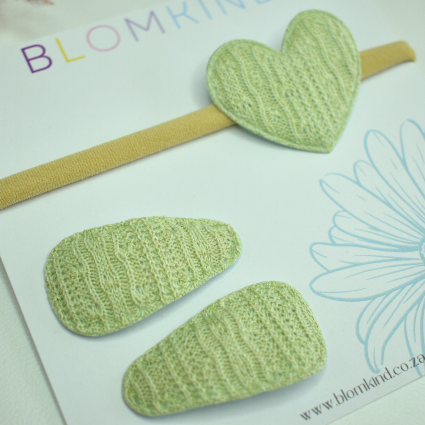Knitted Sage Heart Headband & Clips Set