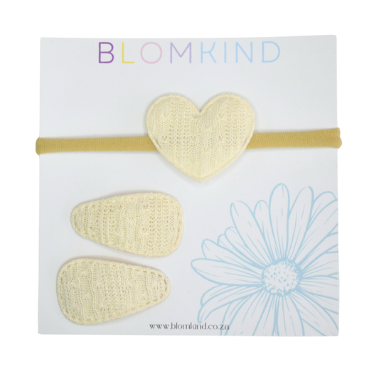 Knitted Linen Heart Headband & Clips Set