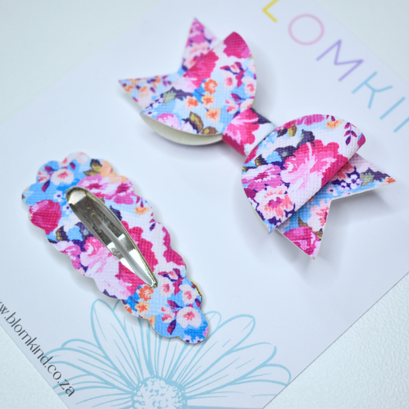 Flower Clip & Bow set - Blue & Pink Rose Flower