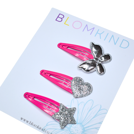 Butterfly Silver & Pink Clippies - Set of 3