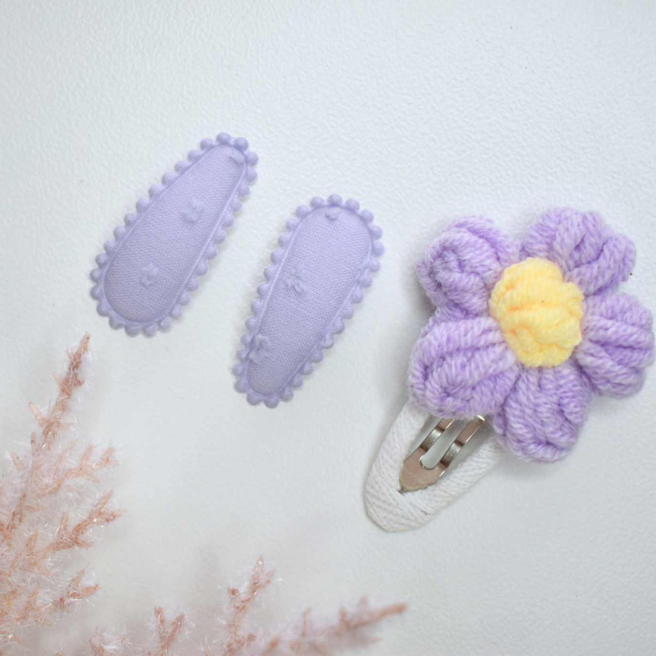 Crochet Soft Violet flower & Tiny Clips  - Set of 3