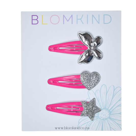 Butterfly Silver & Pink Clippies - Set of 3