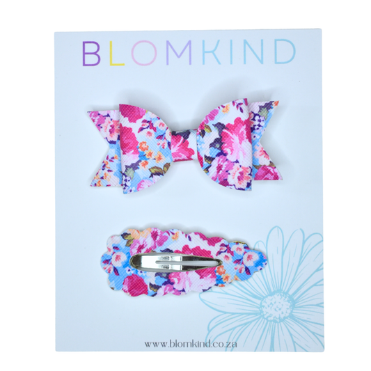 Flower Clip & Bow set - Blue & Pink Rose Flower